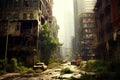 An image depicting a deserted city with overgrown vegetation and abandoned buildings, capturing the post-apocalyptic atmosphere.