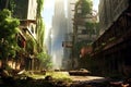 An image depicting a deserted city with overgrown vegetation and abandoned buildings, capturing the post-apocalyptic atmosphere.