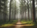 Image depicting a dirt road running through a scenic, misty forest landscape. Created with generative AI tools Royalty Free Stock Photo