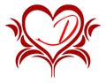Heart decorated with abstract elements and the letter D, white and red, isolated. Royalty Free Stock Photo