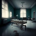 An image depicting a hospital bed that is unoccupied or has no patient lying on it. AI