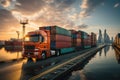An image depicting logistics with a container truck, ship in port, and airplane for import,export industry.by Generative