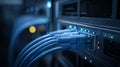Image depicting a server rack in close-up view, with blue fiber optic cables attached, highlighting data center Royalty Free Stock Photo