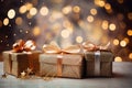 An image depicting three presents wrapped in colorful paper placed on a table, Gifts below the Christmas tree fairy lights Royalty Free Stock Photo