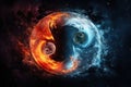 An image depicting two planets surrounded by a ring of fire and water, Fire and Ice climate in the Yin and Yang on dark background