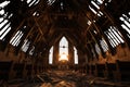 abandoned old wood church interior. transparent PNG file. Broken walls and roof tiles ceiling. Royalty Free Stock Photo