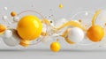 The image depicts an abstract arrangement of yellow glossy spheres floating on a pristine white background, accompanied by soft Royalty Free Stock Photo