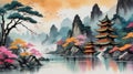 Watercolor Abstract Background with Chinese Style. Generative AI