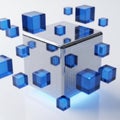 Abstract digital cubes forming a network around a central transparent cube Royalty Free Stock Photo