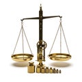 Antique brass balance scale with weights isolated on white background Royalty Free Stock Photo
