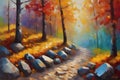 autumn landscape sunbeams oil painting with heavy stones created with vibrant colors gen ai Royalty Free Stock Photo