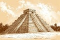 The image depicts an Aztec stone pyramid with steps, rendered in pencil on a beige background Royalty Free Stock Photo