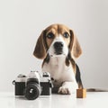 Beagle dog with retro vintage camera on white minimalist background Royalty Free Stock Photo