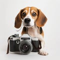 Beagle dog with retro vintage camera on white minimalist background Royalty Free Stock Photo