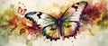 A colorful butterfly with a watercolor garden background