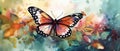 A colorful butterfly with a watercolor garden background