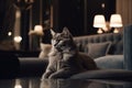 A fluffy Persian cat in a luxurious and large apartment, expressive face create a warm and inviting scene, generative ai. Royalty Free Stock Photo