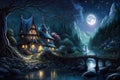 Elves houses in the magical starry night