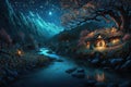 Elves houses in the magical starry night