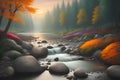 Landcsape of nature featuring river, trees, flowers, peaceful sky and mountains during sunset, sunrise or night. AI Generated Royalty Free Stock Photo