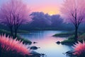 Landcsape of nature featuring river, trees, flowers, peaceful sky and mountains during sunset, sunrise or night. AI Generated Royalty Free Stock Photo