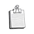 This image depicts a binder clip securely holding a stack of lined paper together. The clip is positioned at the top of the stack Royalty Free Stock Photo
