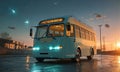 blue and white bus with yellow sign is parked on wet road at dusk, with cityscape and starry sky in the