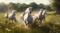 White horses running in a field