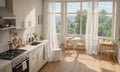 bright and airy kitchen with white countertop, gas stove, sink, and wooden table, overlooking lush green