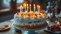 Joyful Birthday Cake Illuminated by Candles for Festive Celebrations Royalty Free Stock Photo