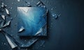 cracked blue rectangular object lies on dark blue background, surrounded by scattered white and gray pieces.