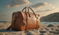 brown leather duffel bag with shoulder strap and two handles sits on sandy beach, with rocky cliff and ocean Royalty Free Stock Photo