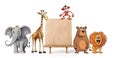 Wild animals cartoon set with wooden sign
