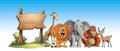 Wild animals cartoon set with wooden sign
