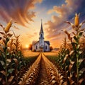 a Christian church in a corn field harvest sunset bible watercolor gen ai Royalty Free Stock Photo