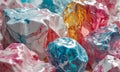 close-up view collection colorful, abstract rocks and minerals, with mix pink, blue, and yellow hues.