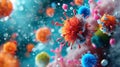 The image depicts a close-up view of colorful viruses, showcasing various