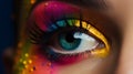 Close up view of female eye with bright multicolored fashion mask. Generative Ai