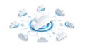 A cloud computing network with multiple interconnected white clouds and blue data transfer arrows Royalty Free Stock Photo