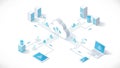 A cloud computing network with various devices and data storage connected online Royalty Free Stock Photo