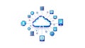 A cloud computing network with various devices and icons connected to it Royalty Free Stock Photo