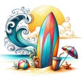 Colorful Surfboard and Beach Accessories Illustration with Ocean Waves Royalty Free Stock Photo
