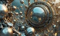 complex metallic structure with interlocking gears and spheres, creating sense depth and movement. Royalty Free Stock Photo