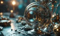 close-up view complex, metallic device with circular window, surrounded by intricate gears and components,