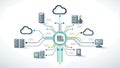A complex network diagram illustrating data flow and cloud computing connections Royalty Free Stock Photo