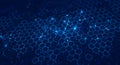 Complex network structure with interconnected nodes and hexagonal patterns in a dark blue background Royalty Free Stock Photo