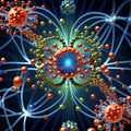 A complex network of interconnected quantum particles.