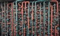 complex network red and blue pipes, arranged in grid-like pattern, fills the frame, creating visually Royalty Free Stock Photo