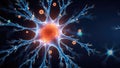 A detailed rendering of a vibrant human neuron cell with glowing dendrites and nucleus in a dark blue background representing Royalty Free Stock Photo