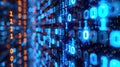 Digital Security in Cyberspace: Programming Binary Code and Data Communication on Blue Screen Computer for Futuristic Technology a Royalty Free Stock Photo